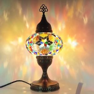 Turkish Morrocan Tiffany Mosaic Style Table Lamp with Hammered Bronze